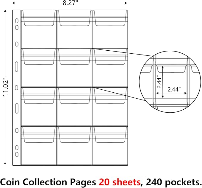 MUQING 240 Pockets Coin Collection Suppliers, 20 Sheets 12-Pocket Coin Pages - Image 3
