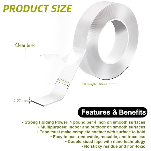 Aylaa Double Sided Tape Heavy Duty, 1.18"x120" Nano Double Sided Adhesive Tape - Image 3