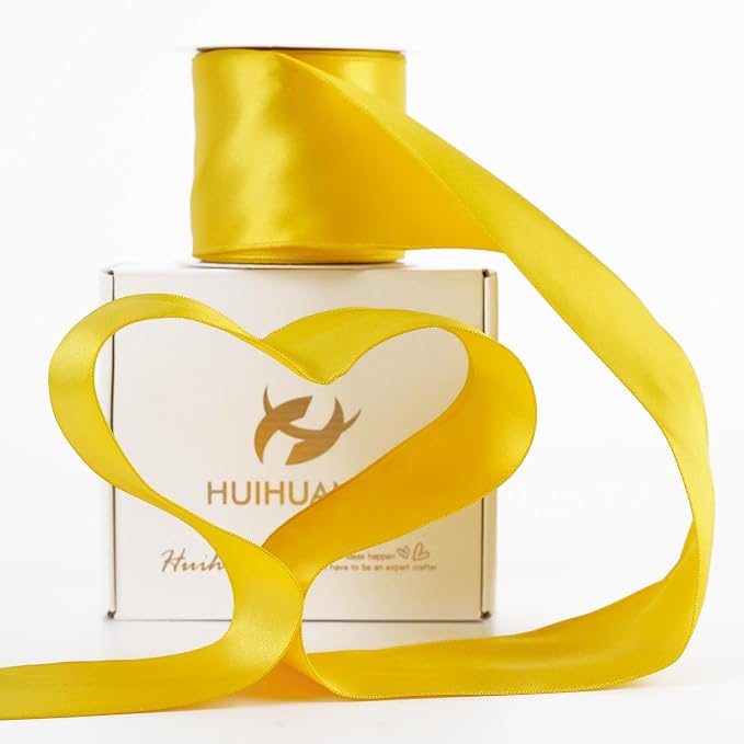 HUIHUANG Yellow Wired Ribbon 2.5 inch Yellow Satin Wire Edge Ribbon - Image 8