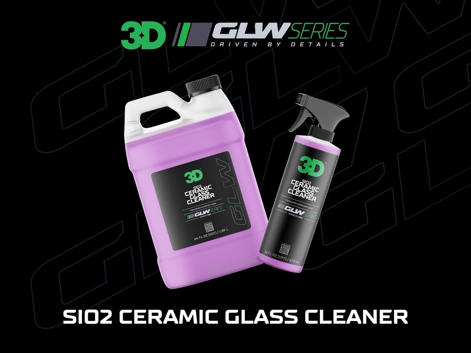 3D SiO2 Ceramic Glass Cleaner, GLW Series | Water & Rain Repellent | All-Weather Protective Ceramic Glass Cleaner | Safe for Tinted, Non-Tinted Windows & Mirrors | DIY Car Detailing | 64 oz