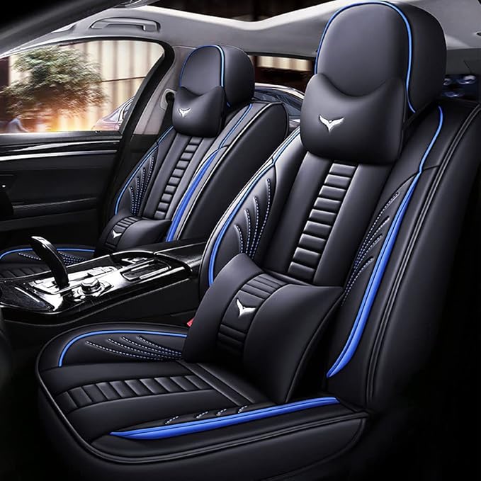 Full Set of Universal Fit Automotive Seat Covers fit for Suzuki 1999-2025 95% Models, PU Leather Automobile Interior Sets with Headrest & Back Pillow Black & Blue Line