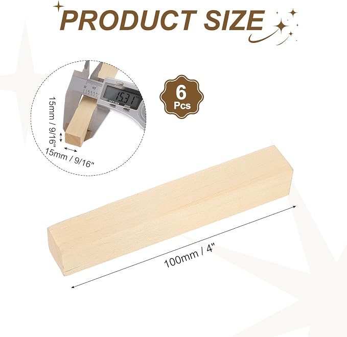 MECCANIXITY 6Pcs Basswood Sticks, 9/16" x 9/16" x 4" Square Wooden Dowel Rods - Image 2