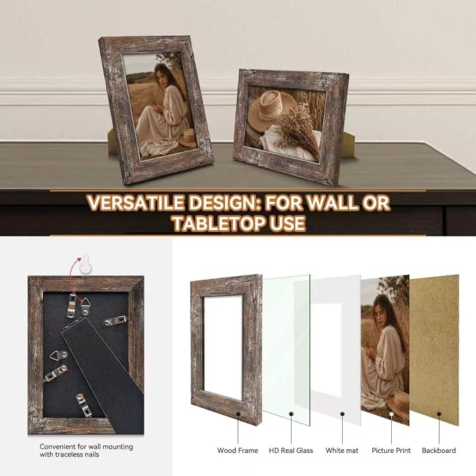 5x7 Picture Frames Set of 8, Vintage Rustic Farmhouse Industrial Style Photo - Image 4