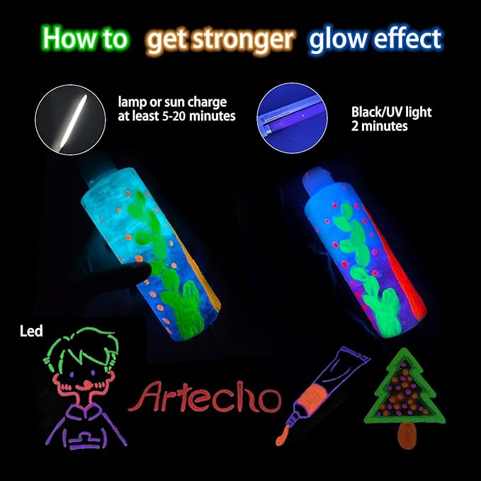 Artecho Yellow Glow in the Dark Acrylic Paint Set, 120ml / 4.05oz | Non-Toxic - Image 6
