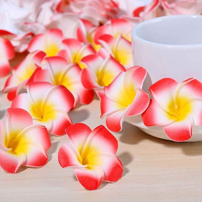 Pursuestar 100Pcs Red Foam Hawaiian Frangipani Artificial Plumeria Flower - Image 3