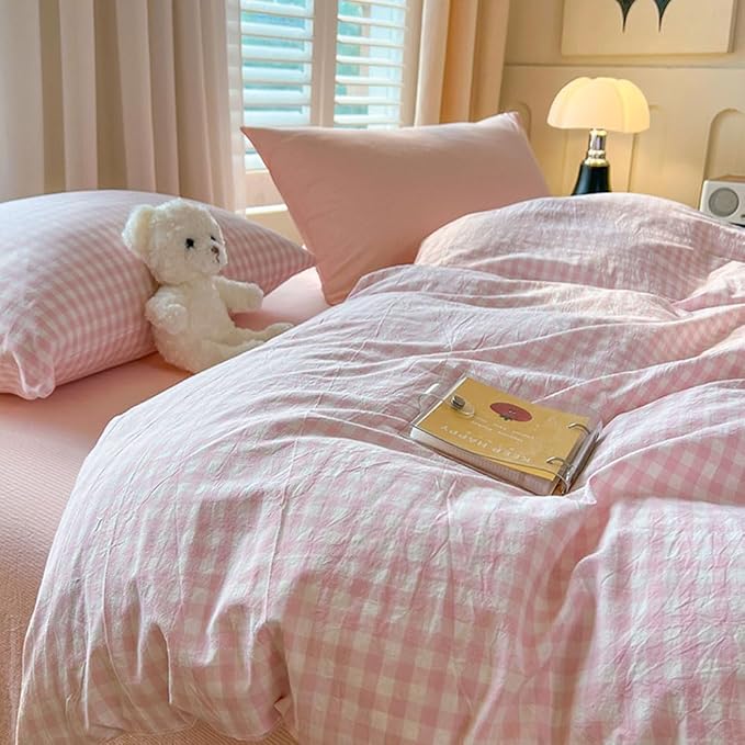 Nayoroom Gingham Duvet Cover Twin Size Pink White Plaid Checkered Comforter - Image 5