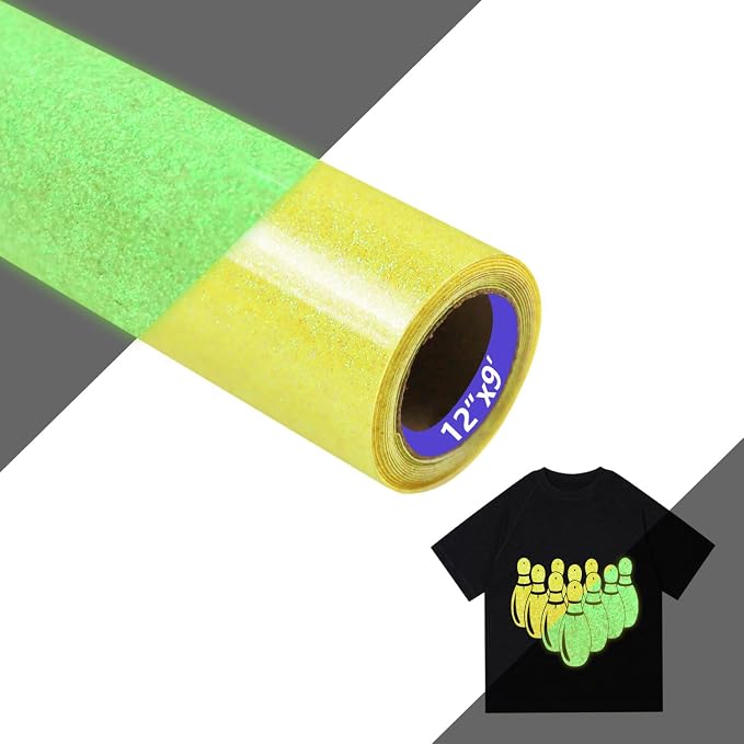 Yellow Glitter HTV Glow in Dark Heat Transfer Vinyl Rolls 12inch by 6 ft - Image 2