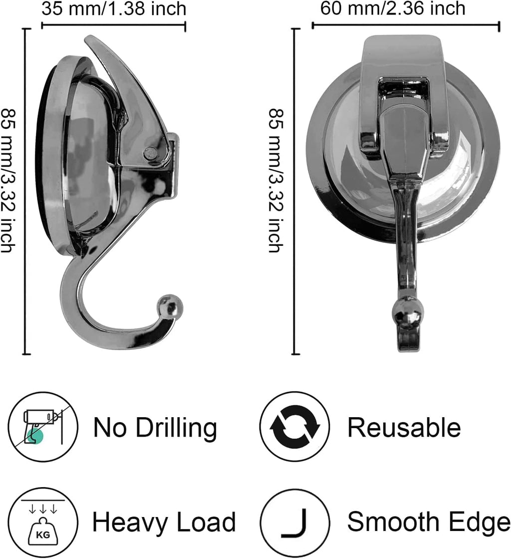 Heavy Duty Suction Cup Hooks for Shower, Bathroom Robe - Vacuum Glass Hooks, Reusable, No Hole Punched, for Garland Decoration (Silver Grey, 6 Pack)
