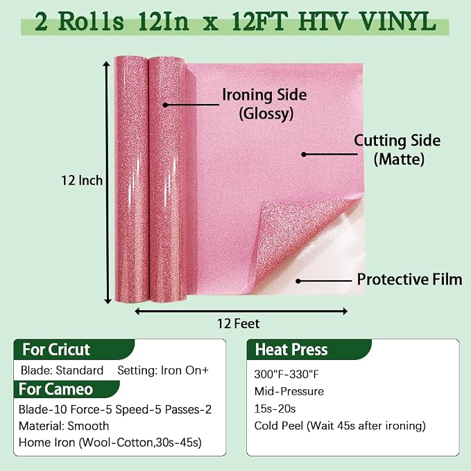 guangyintong Glitter Pink Heat Transfer Vinyl HTV Rolls, 2 Rolls 12" x 12ft - Image 2