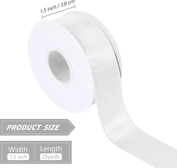 White 1.5 Inch Continuous 25 Yards Satin Wired Ribbon - Image 2