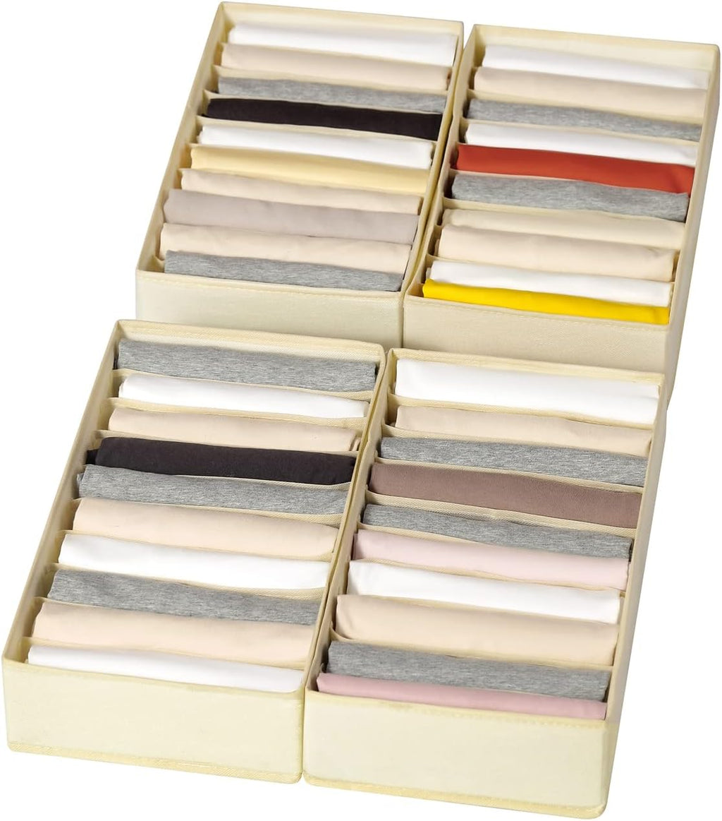 4 Packs T-shirt Drawer Organizers for Clothing,10 Grids Compartment Wardrobe Storage Box, Washable Clothes Organizer for Folded Clothes, T-shirt, Legging-Beige