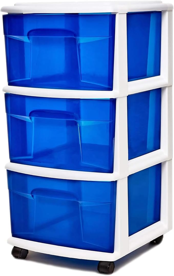 HOMZ Drawer Tower, 3-Tier Clear Blue Plastic Storage Organizer Cart, and - Image 8