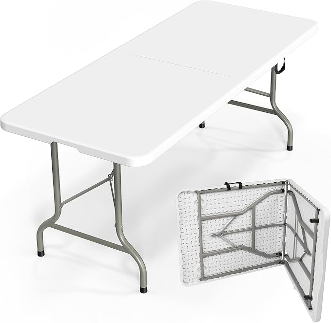 Bonnlo Folding Table 6ft, Portable Collapsible Plastic White Long Tables by Bonnlo