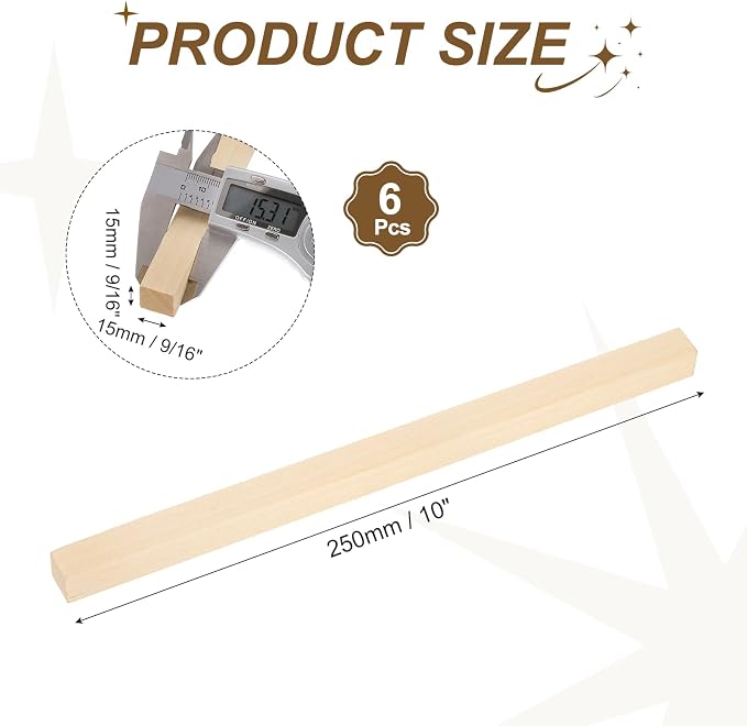 MECCANIXITY 6Pcs Basswood Sticks, 9/16" x 9/16" x 10" Square Wooden Dowel Rods - Image 2