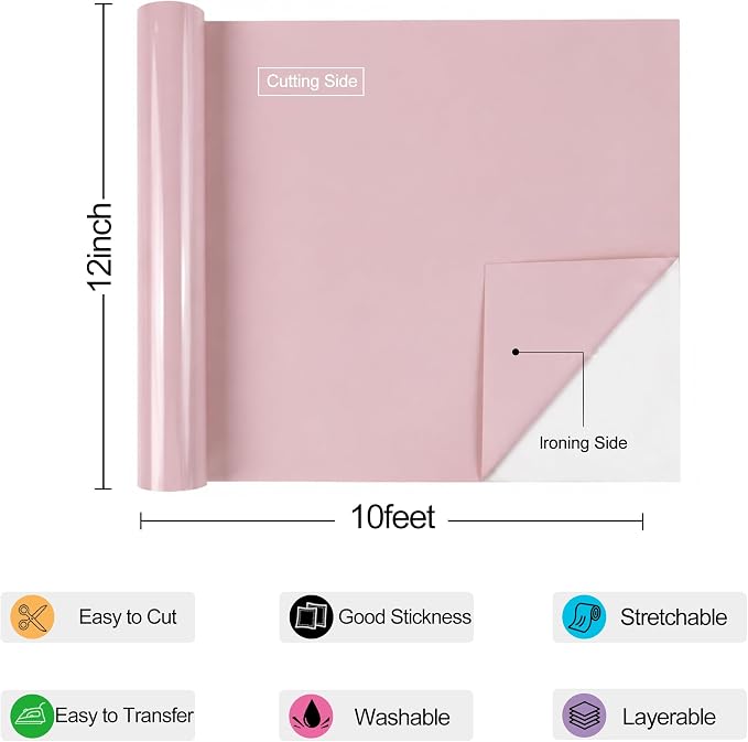 guangyintong Heat Transfer Vinyl Rolls 12" x 10ft, PU Pastel Pink HTV Vinyl - Image 2