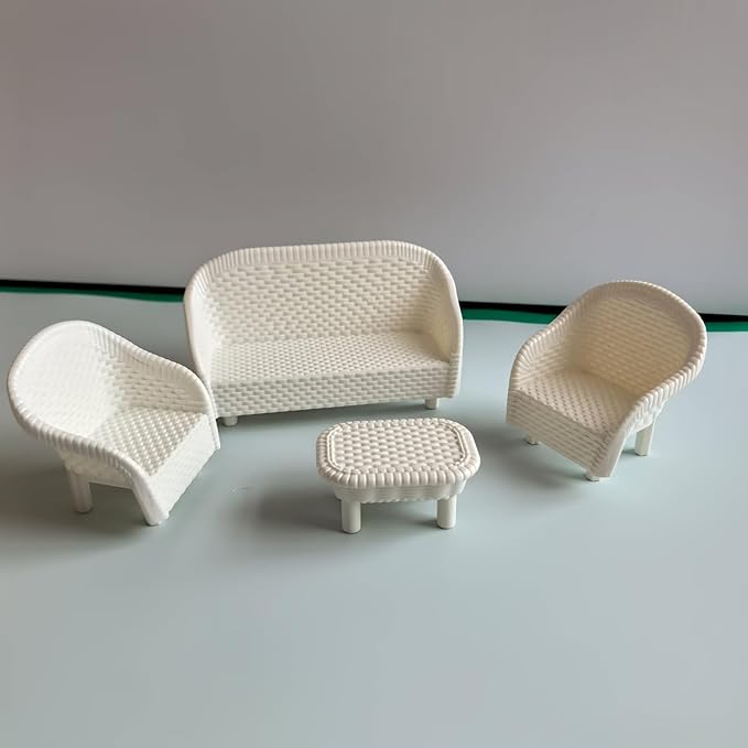 4 Pack Miniature White Wicker Tea Table and Chair Set, Dollhouse Furniture Decor - Image 6