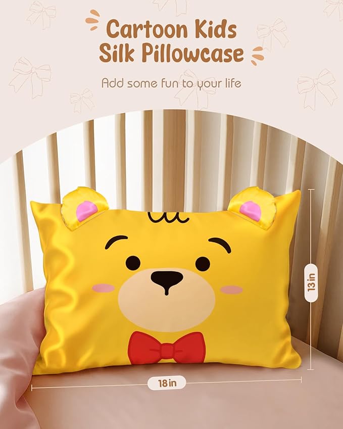 Toddler Pillowcases 13"x18" for Kids - Cute Cartoon Soft Breathable Silk Pillow Cases for Hair and Skin with Hidden Zipper for Boys Girls Fun Kawaii Design for Bedding, Yellow Bear