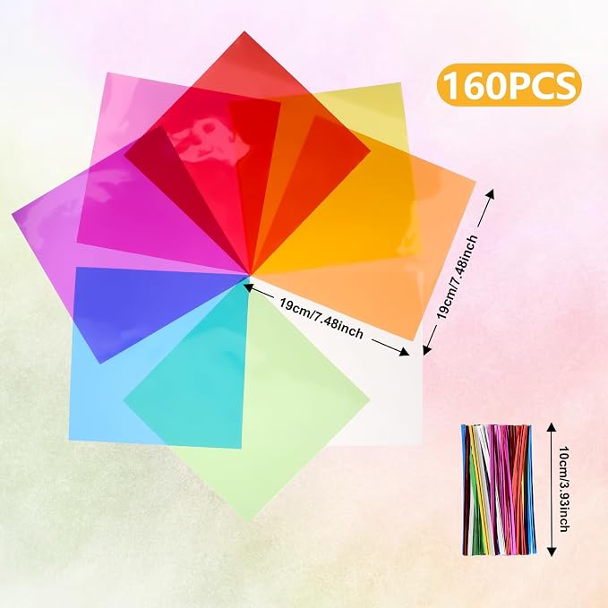 Colorful Plastic Paper, 160 Pieces Colored Transparency Sheets 7.5x7.5 In Craft - Image 2