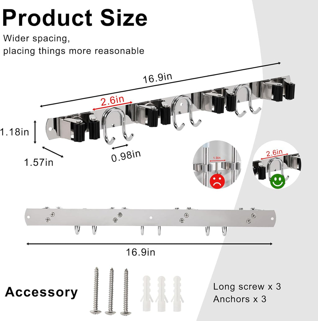 Mop Broom Holder Wall Mount, Silver Stainless Steel Tool Storage Organizer for Kitchen Garden Garage Laundry Room Bathroom and RV with 4 Slots 6 Hooks