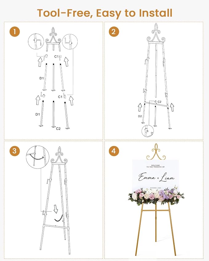 53.9" Gold Easel Stand for Sign, Heavy Duty Metal Display Easel - Image 6