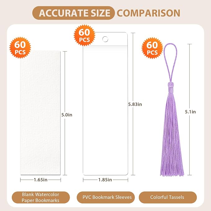 60 Pack Bookmarks with Sleeves & Tassels – Blank Watercolor Paper Bookmarks - Image 2