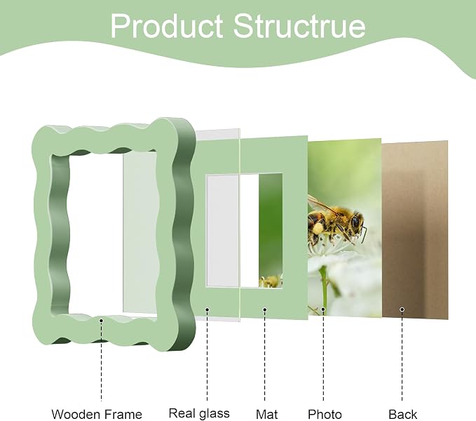 4x4 Picture Frame with Mat for 3x3, Wavy Edge Wooden Real Glass Photo Frame for - Image 5
