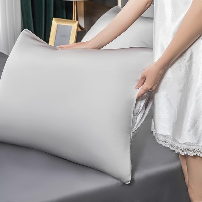SIYUAN Silk Light Gray Pillowcase, Standard Size, Temperature Regulator - Image 6