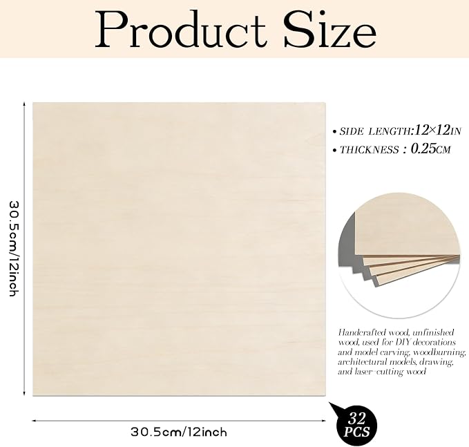 32 Pcs Basswood Sheets 12"x12"x1/8" Balsa Wood Sheet Thin Plywood Engraving - Image 2