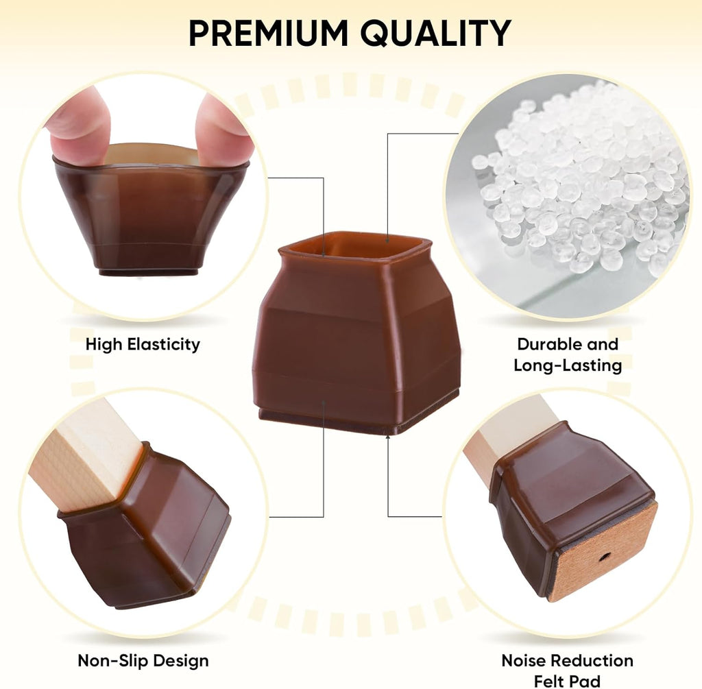 BALEINE 16 Pack Silicone Chair Leg Floor Protectors, Stool Leg Protectors Cap, Non-Slip Chair Leg Caps for Hardwood Floors (Brown & Small (Square), 16 Pack)
