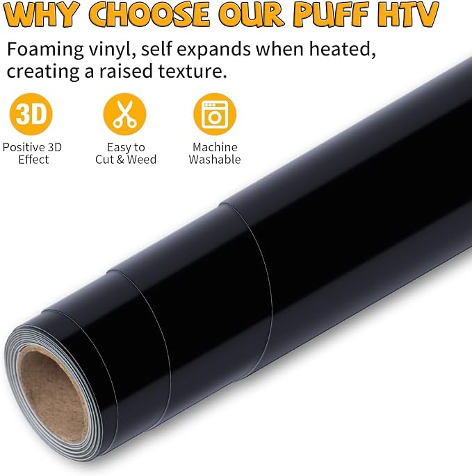 VinylRus Puff Heat Transfer Vinyl-12” x 5ft Black Heavy Duty Puff Iron on Vinyl - Image 4