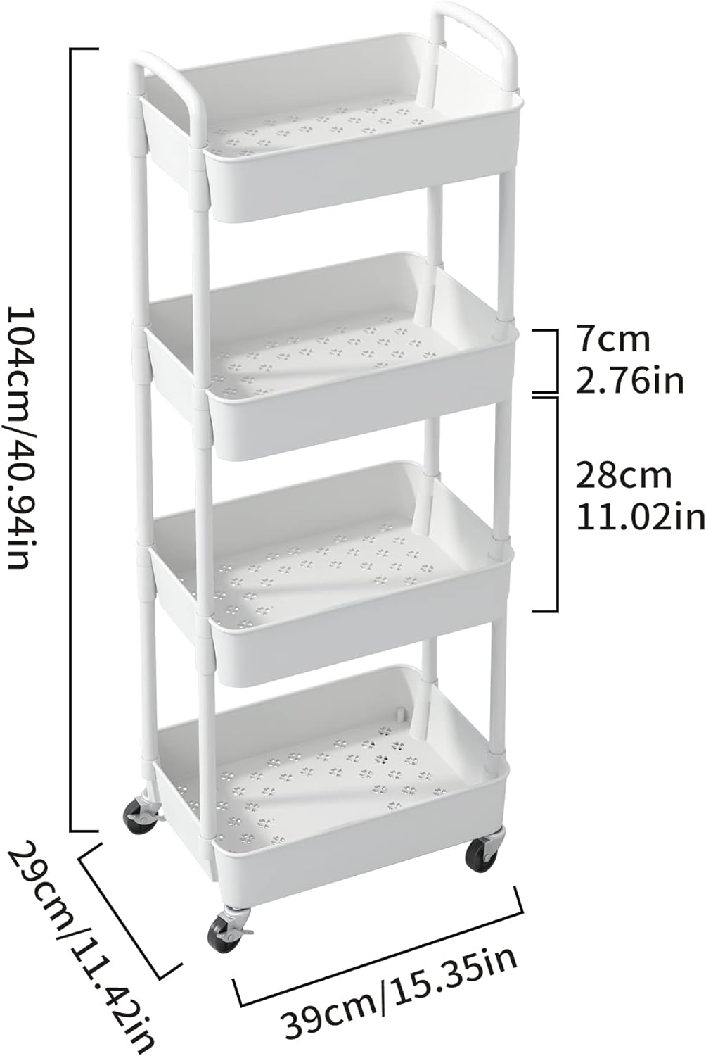 Sywhitta 4-Tier Plastic Rolling Utility Cart with Handle, Multi-Functional Storage Trolley for Office, Living Room, Kitchen, Movable Storage Organizer with Wheels, White