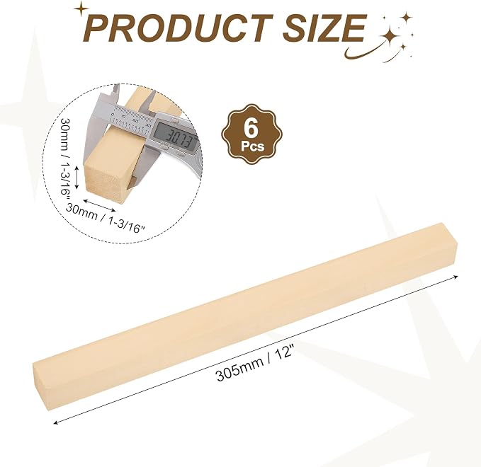 MECCANIXITY 6Pcs Basswood Sticks, 1.2" x 1.2" x 12" Square Wooden Dowel Rods - Image 2