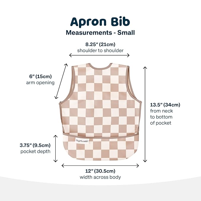 Twinkle Short Sleeve Apron Baby & Toddler Bib – Waterproof, Mess-Proof Bibs for Eating & Feeding, Machine Washable, Perfect Holiday Gift (Brown Checkers, 6–24M)