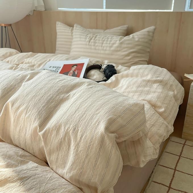 Nayoroom Striped Duvet Cover Queen Size 100% Washed Cotton Beige Duvet Cover - Image 3