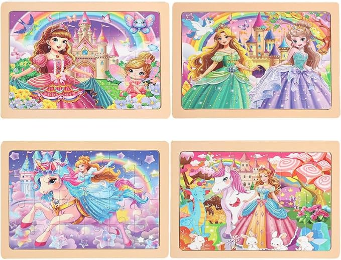 jWooden Puzzle for Kids 4-6 Years Old, 4 Pack of 24 Pieces Unicorn Princess - Image 4