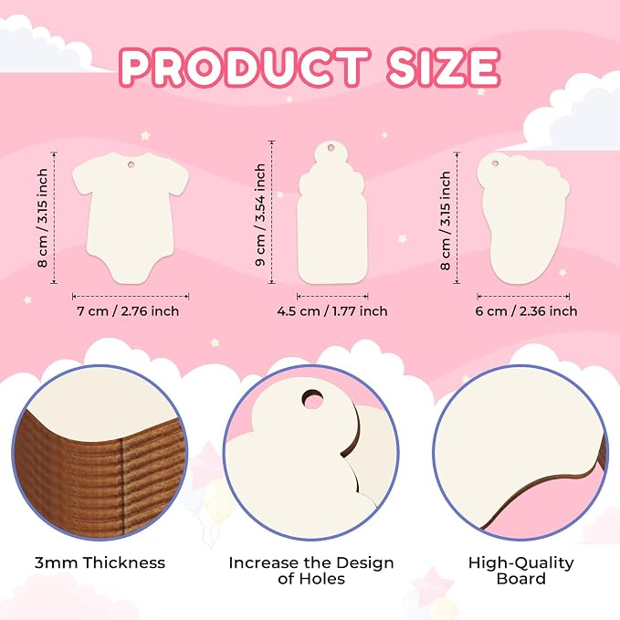 Baby Shower 30Pcs Unfinished Wooden Gift Ornaments DIY Craft Present Paintable - Image 2
