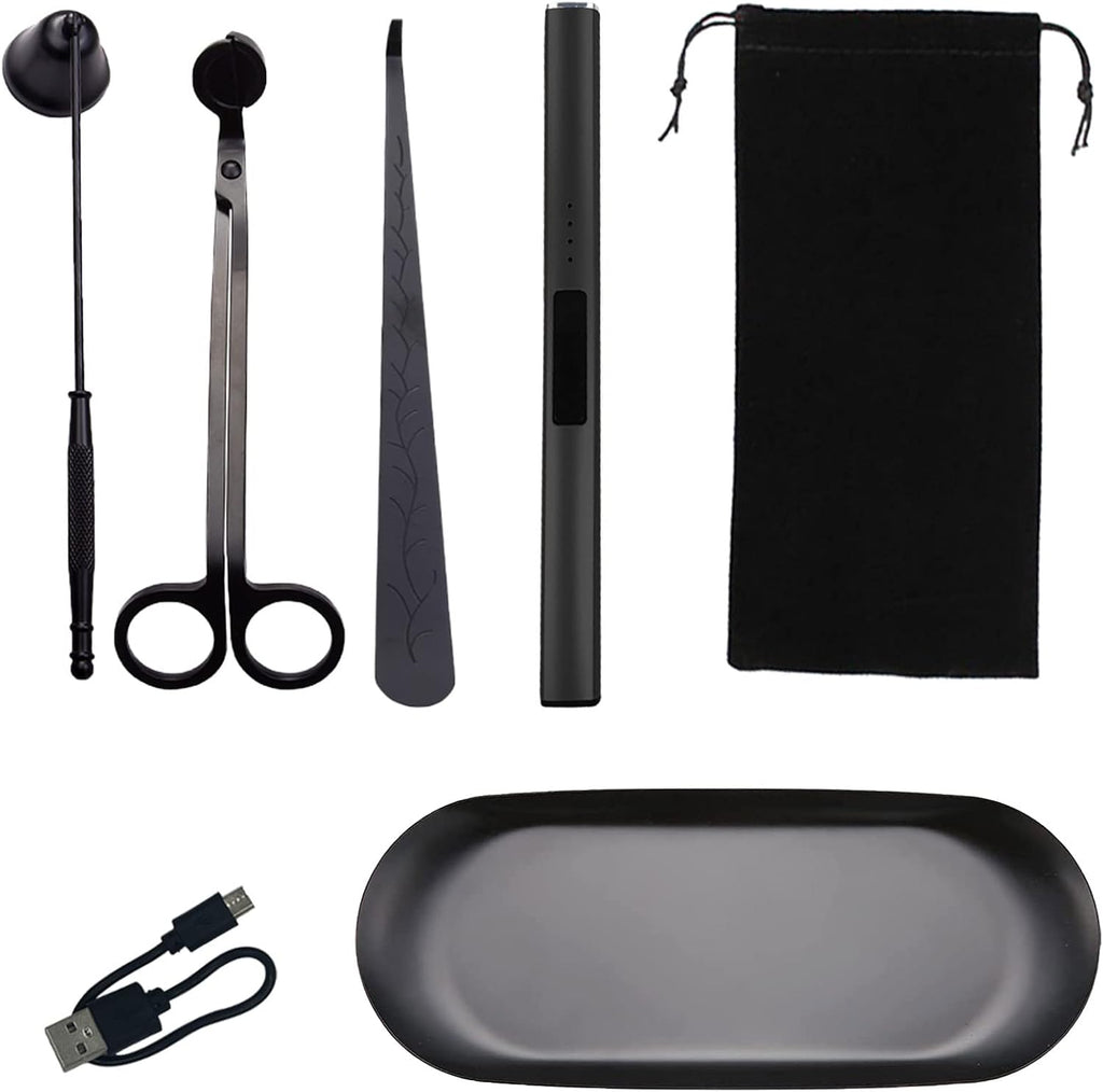5Pcs Stainless Steel Candle Wick Trimmer Set, Black Candle Wick Trimmer, Candle Wick Dipper, Candle Wick Snuffer and USB Rechargeable Candle Lighter for Candle Lovers(Black)