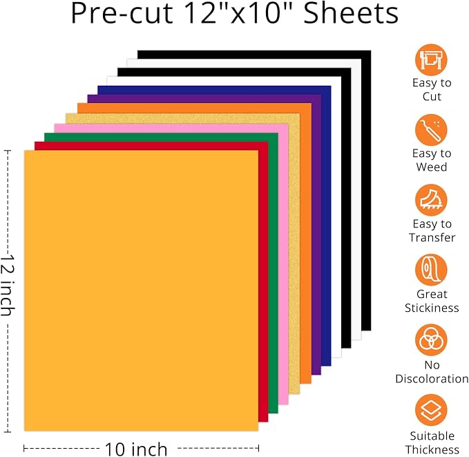 HTVRONT HTV Heat Transfer Vinyl -13 Pack HTV Vinyl Sheets | 12" x 10" Iron on - Image 7