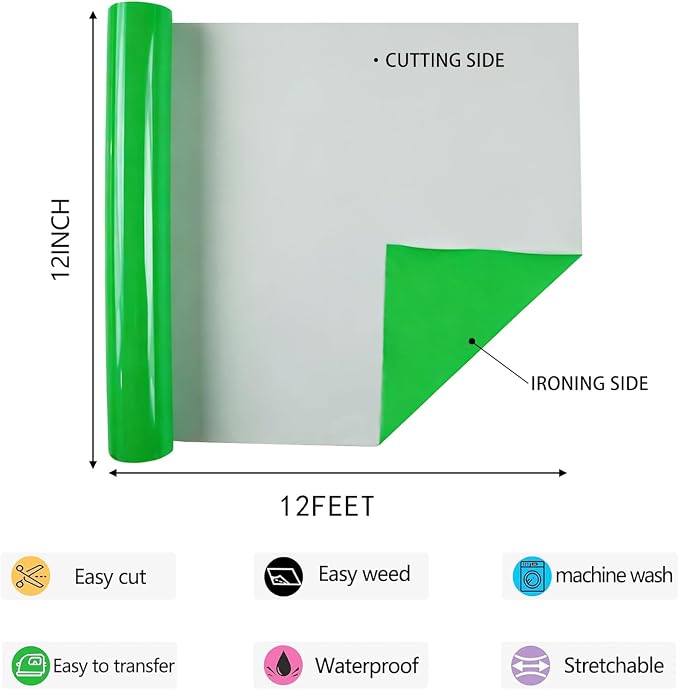 Neon Green HTV Iron on Vinyl 12Inch by 12ft Roll HTV Heat Transfer Vinyl - Image 2