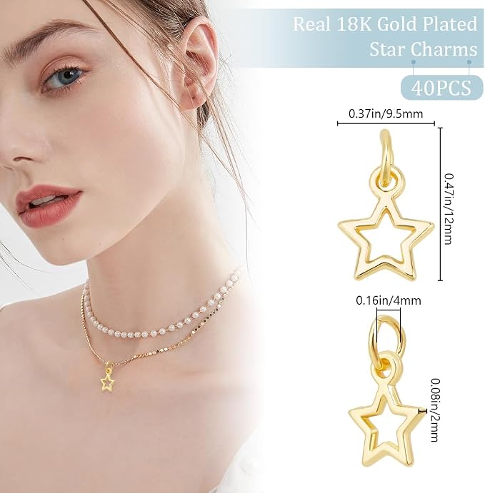 Beebeecraft 1 Box 40Pcs Golden Star Charms Bulk Real 18K Gold Plated Brass - Image 2