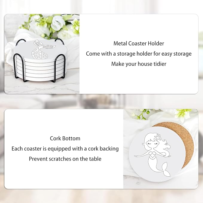 6 Absorbent Ceramic Tiles with Cork Base, Paint Your Own Mermaid Coaster | Arts - Image 6