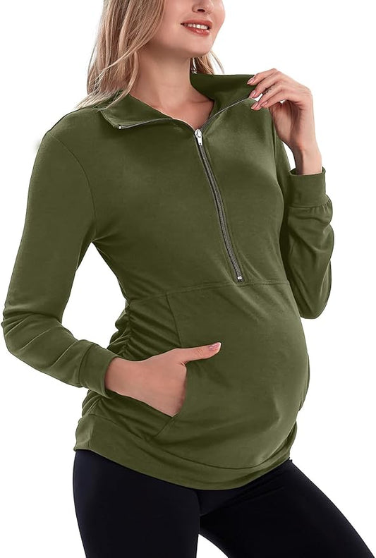 GINKANA Maternity Women's Long Sleeve Shirt Half Zipper Lapel Lightweight Casual Maternity Pullover with Pockets