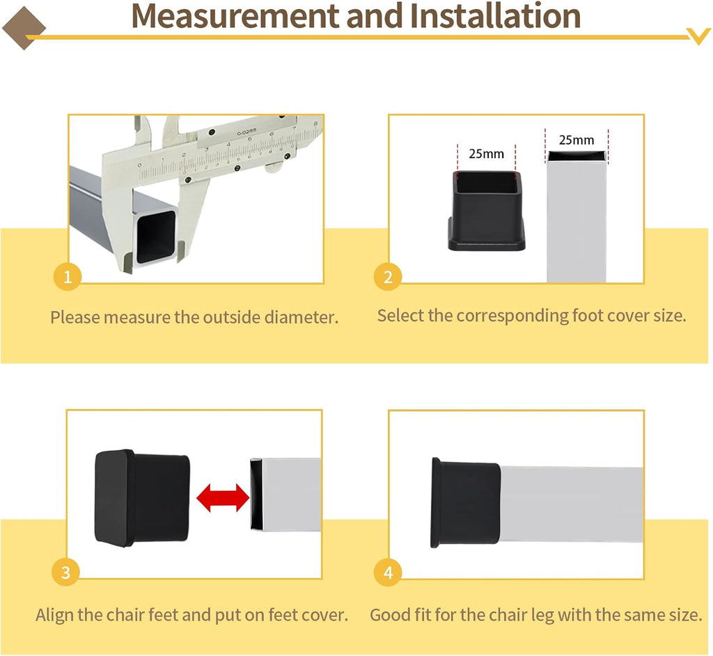 Flyshop Durable Non-Marking Silicone Chair Leg Caps Tips Floor Protectors Square Furniture Table Leg Covers, 20pcs, Black, 30 mm x 30 mm, 1-3/16" x 1-3/16"
