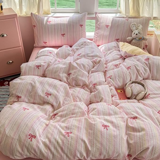 BOLINLIVING Pink Bow Duvet Cover Queen Size, Girls Cute Striped Bowknot Yellow by BOLINLIVING