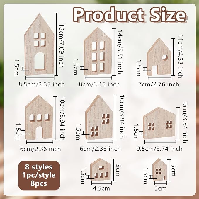 OLYCRAFT 8 Piece Wooden House Blocks Blank Unfinished House Block MDF Craft - Image 2