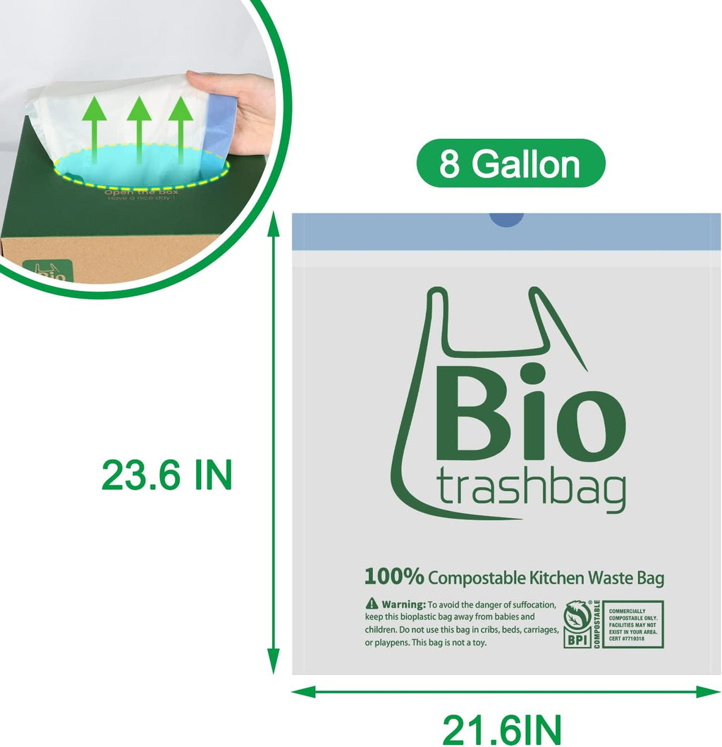 8 Gallon Compostable Trash Bags, 100 Count Drawstring Trash Bags Biodegradable, Heavy Duty Extra Thick Compost Bags, Kitchen Food Scrap Waste Bag, US BPI and OK Compost Home Certified
