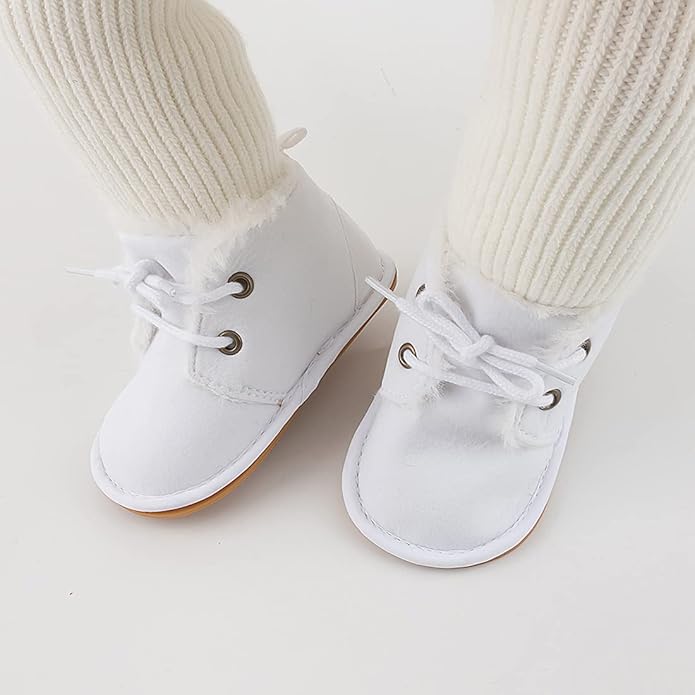 Baby Unisex Warm Snow Boots Newborn Leather Fur Lace Up Ankle Anti-Slip Rubber Texture Sole Toddler Prewalker Winter Crib Shoes