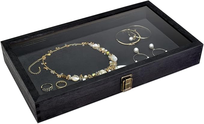 MOOCA Wood Tempered Glass Top Jewelry Display Case Accessories Storage Box - Image 3
