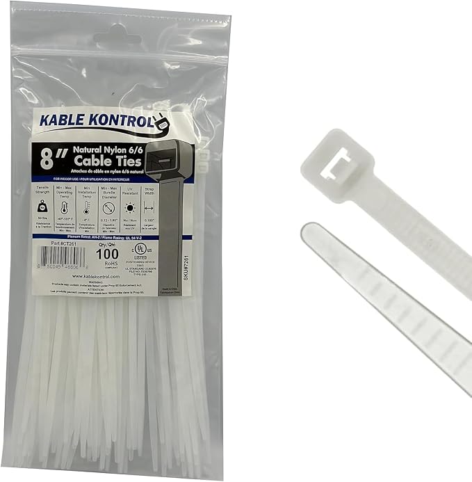 Kable Kontrol Cable Zip Ties Natural White 100 Pcs 8 Inch, 50 Lbs Tensile by KABLEKONTROL%C2%AE