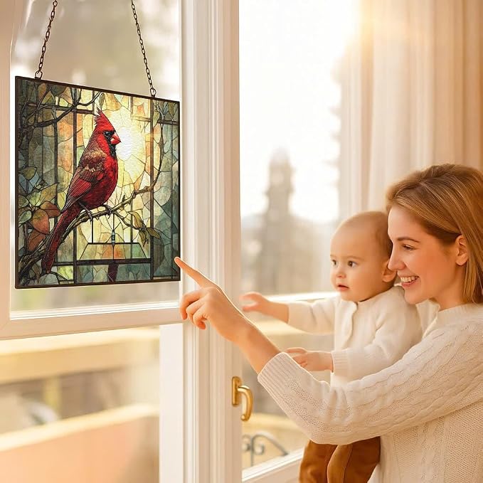 Rectangle Vintage Cardinal On Branch Stained Glass Window Hanging Customized - Image 5